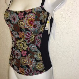 On Gossamer Black Floral Sequin Beaded Bustier Top